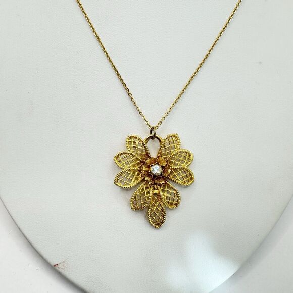 Vintage Gold Tone Waffle Weave Flower Rhinestone Pendant Necklace Unique Spring - Picture 7 of 9